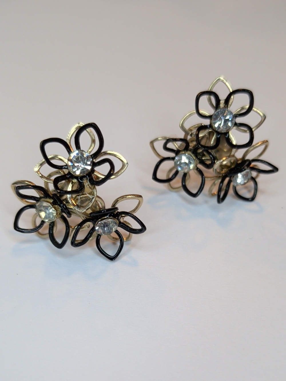 Vintage 60s Gold & Black Enamel Flower Earrings Open Work MCM Screwback